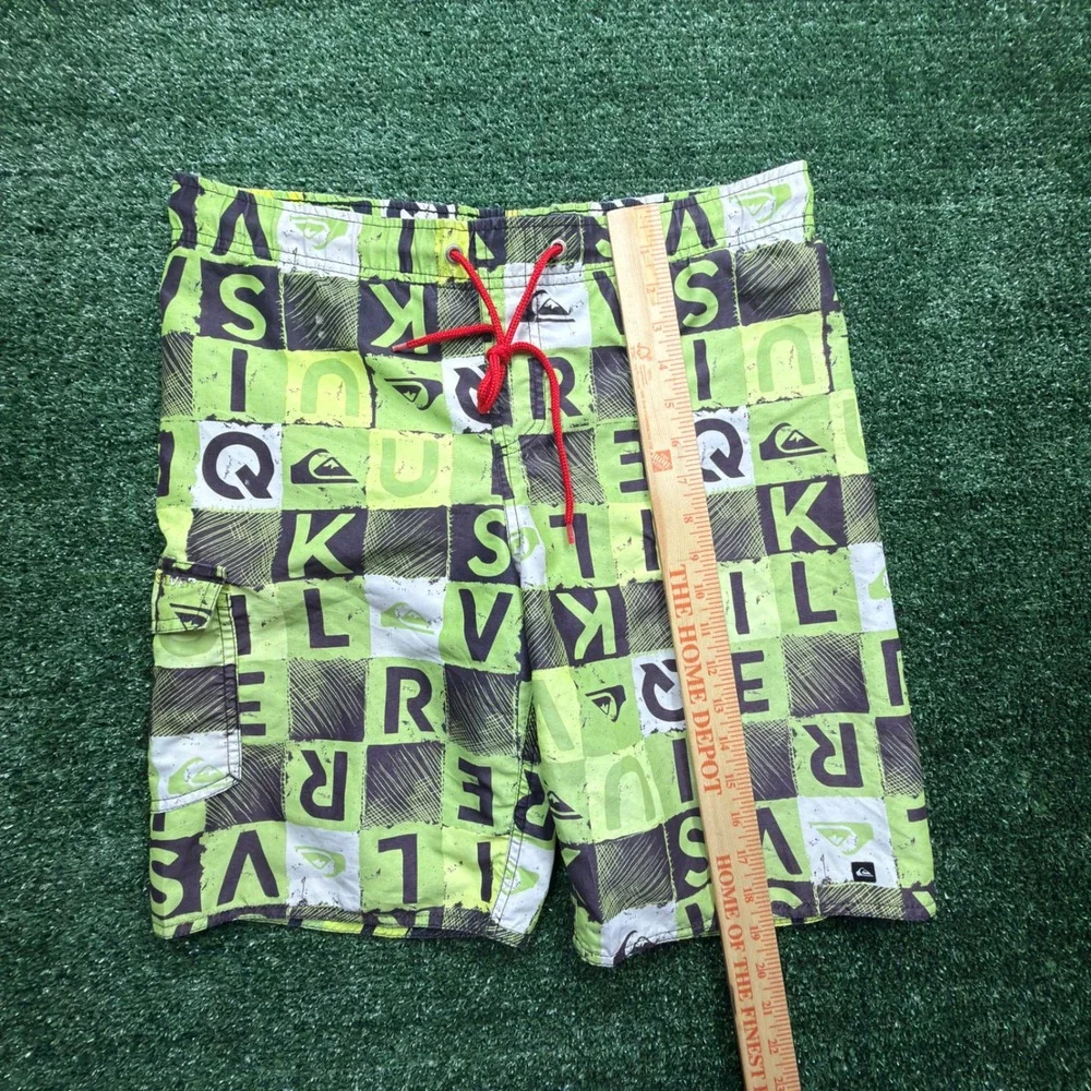 Quiksilver Mens Board Shorts Lime Green Black Checkered Letter Print Size 32